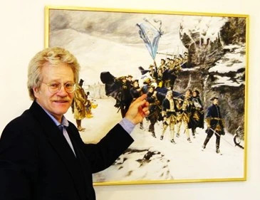 Johnny Lonn med sin tolkning av  Gustaf Cederströms   "Karl XII likfärd"  på båren är kungen utbytt mot Kalle Anka