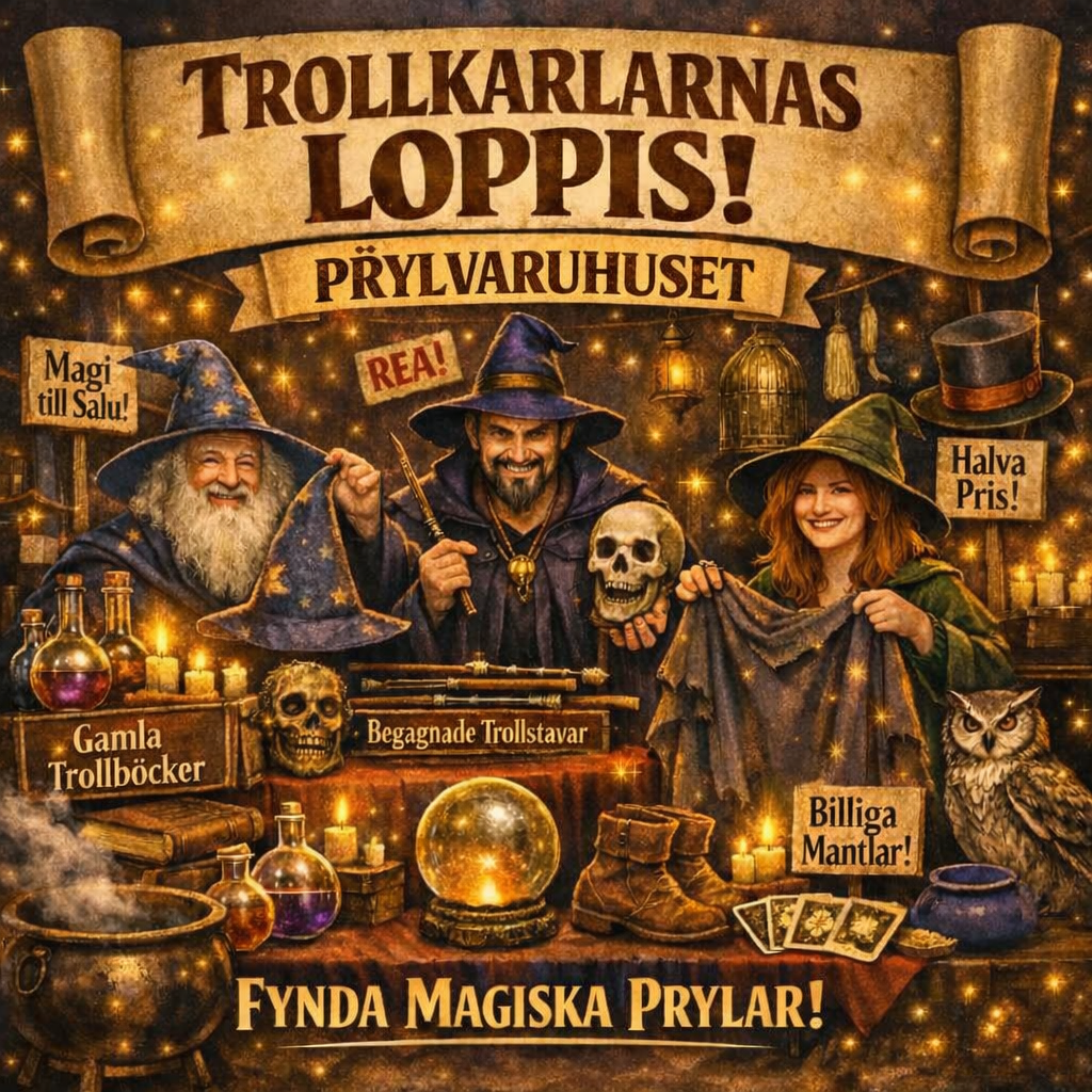 Trollkarlar, häxa och katt i magisk affisch med rullad text, fyrverksken och drycker.
