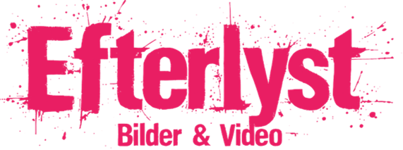 Klar röd färg “Eftelyst” med “Bilder & Video” under, omgiven av sprutande prickar och stjärnformade effekter.